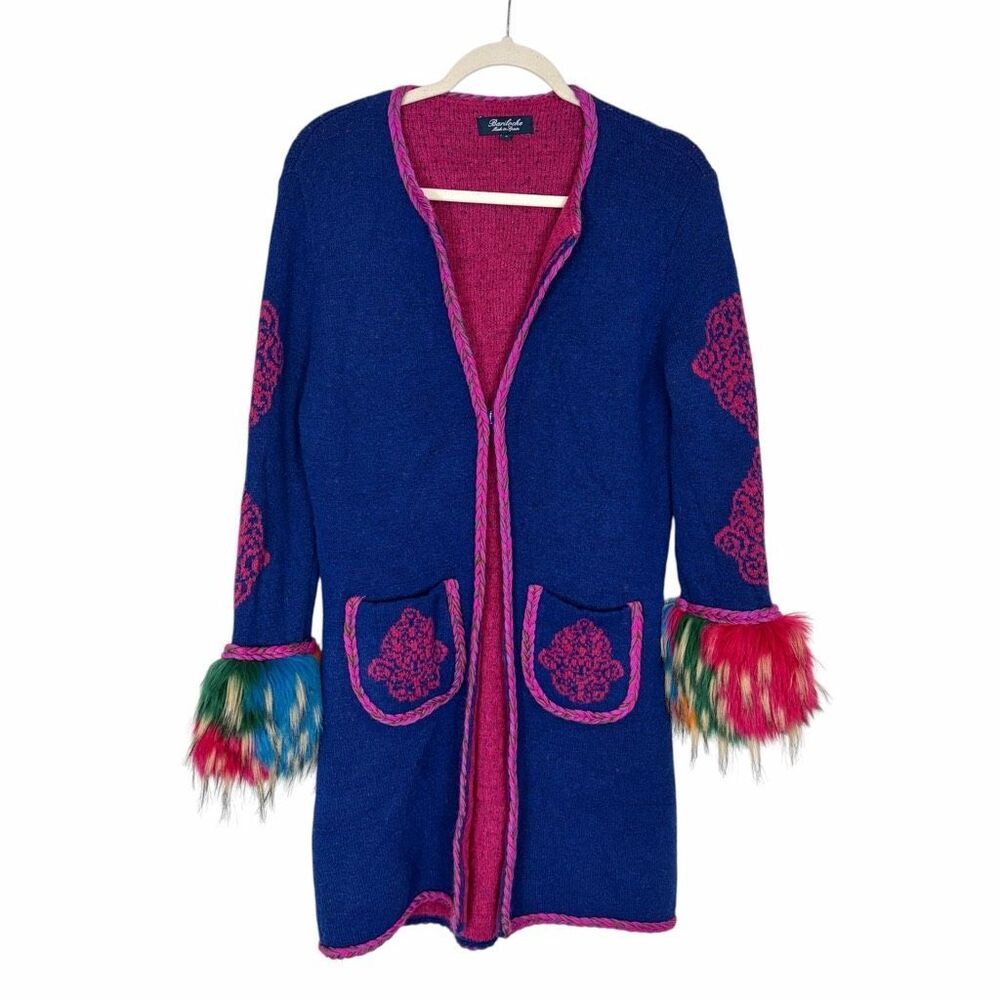 Bariloche Long Duster Cardigan Womens Small Blue Fur Cuff Wool Blend Embroidered